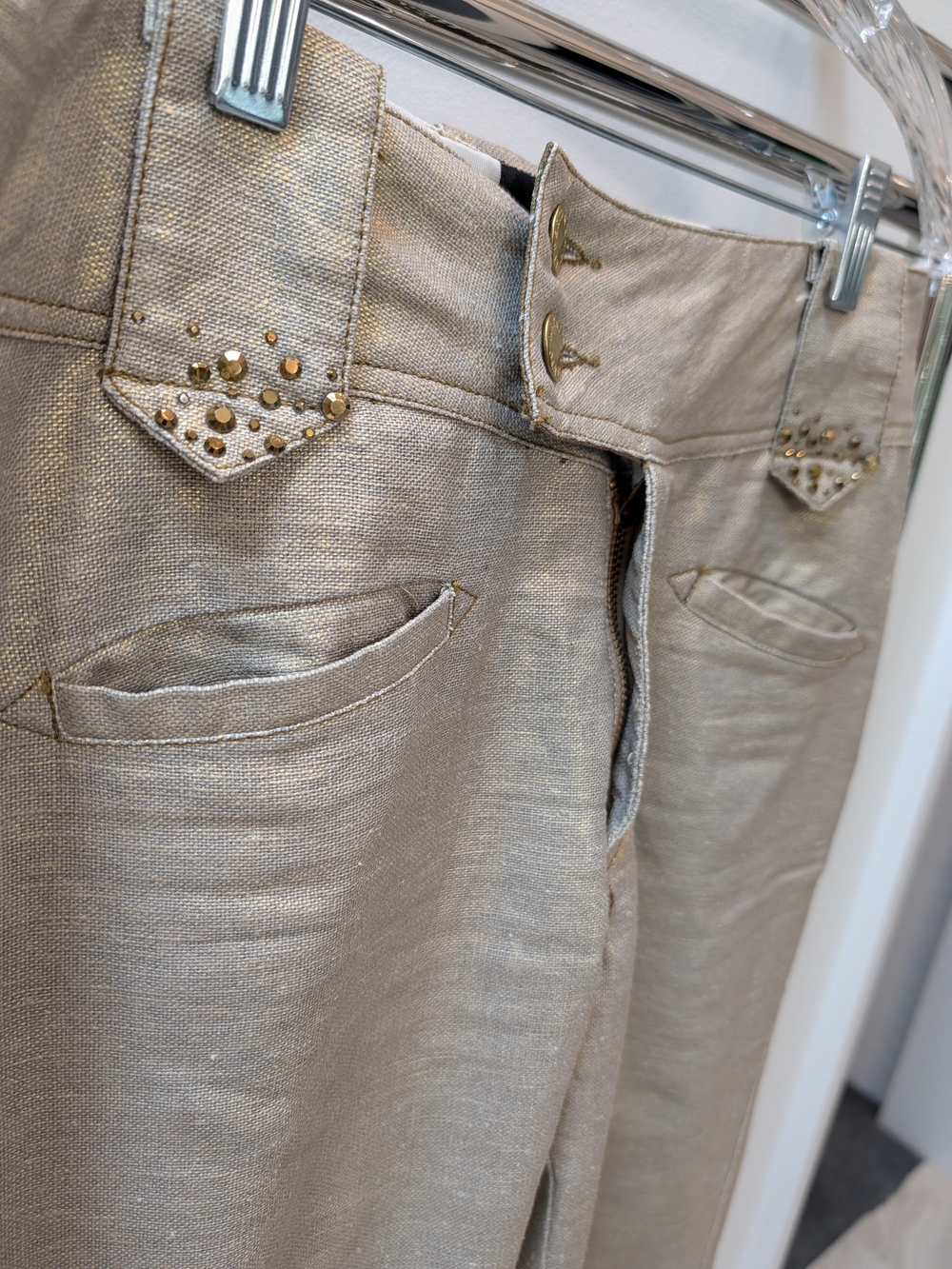 Alberto Makali Metallic Gold Dress Pants with Stud Accents And Stitching